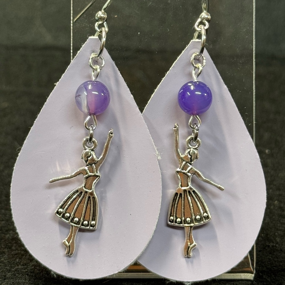Faux Leather Ballerina Earrings with Purple Agate Beads
